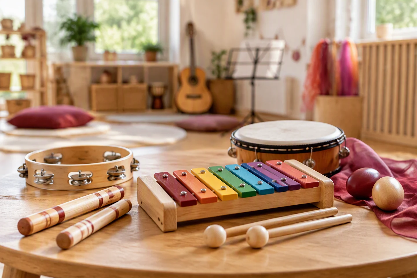 Xylophon, Tamburin, Trommel und Rhythmusinstrumente