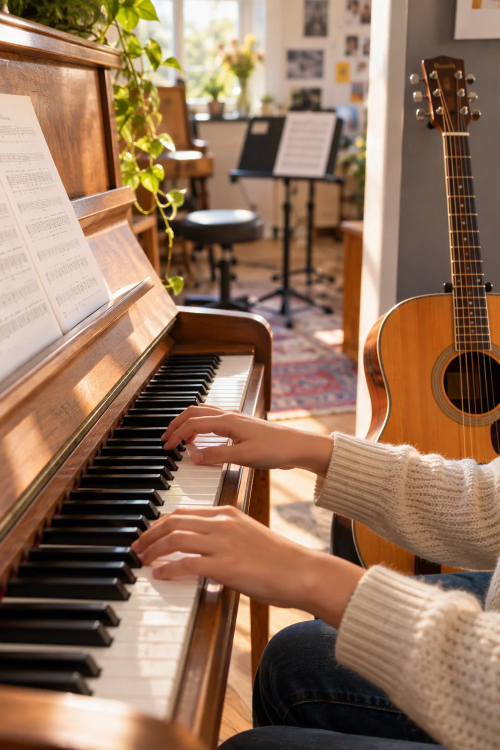 Klavier und akustische Gitarre in einem hellen Musikzimmer